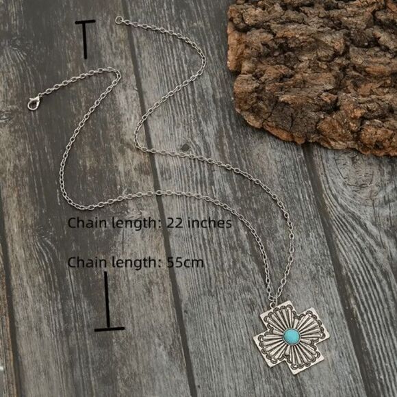 SILVER SOUTHWESTERN NATIVE TURQUOISE CROSS PENDANT NECKLACE - Picture 4 of 5